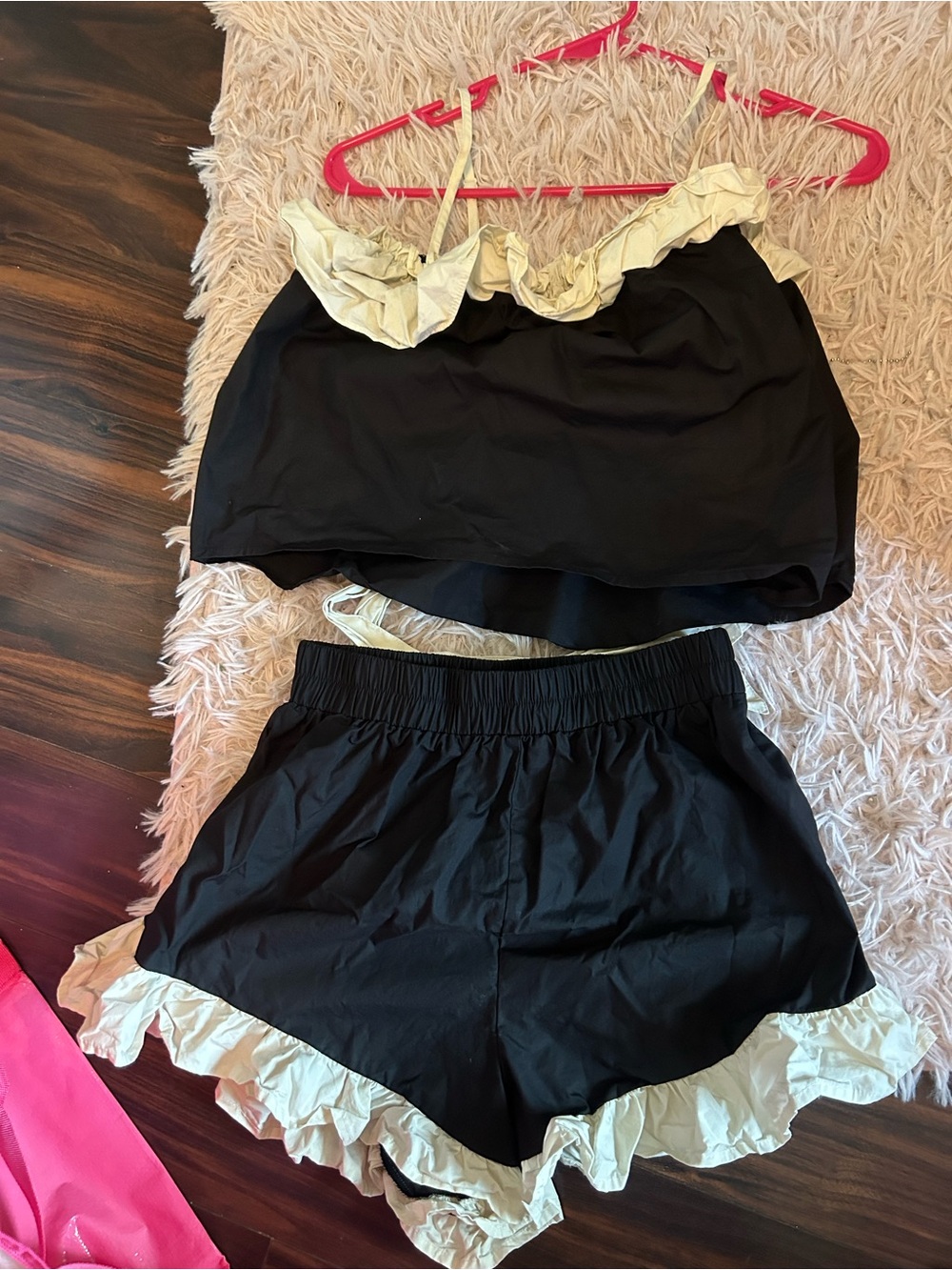 Black Ruffle Two-Piece Set with Cream Trim